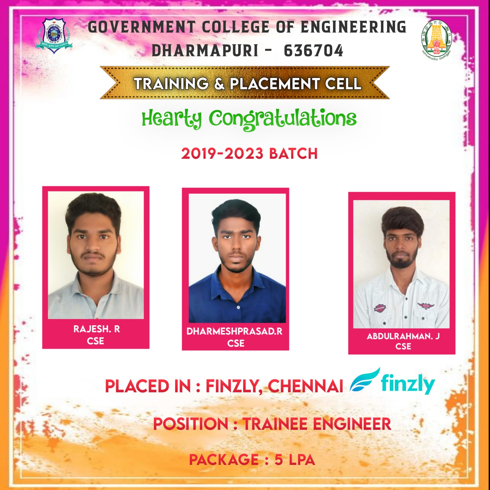 FINZLY Placed Students CONGRATULATIONS Government College